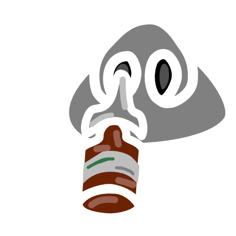 a grey nose seen from below has a nasal spray in a brown bottle inserted into one nostril. A white arrow sits next to it pointing forward.